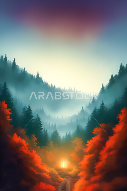 تصميم ثلاثي الابعاد للغابات وسط الجبال, الأشجار والنباتات, غروب وشروق الشمس, مناظر طبيعيه, خلفية الطبيعه