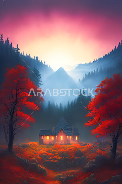 تصميم ثلاثي الابعاد للغابات وسط الجبال, الأشجار والنباتات, غروب وشروق الشمس, مناظر طبيعيه, خلفية الطبيعه