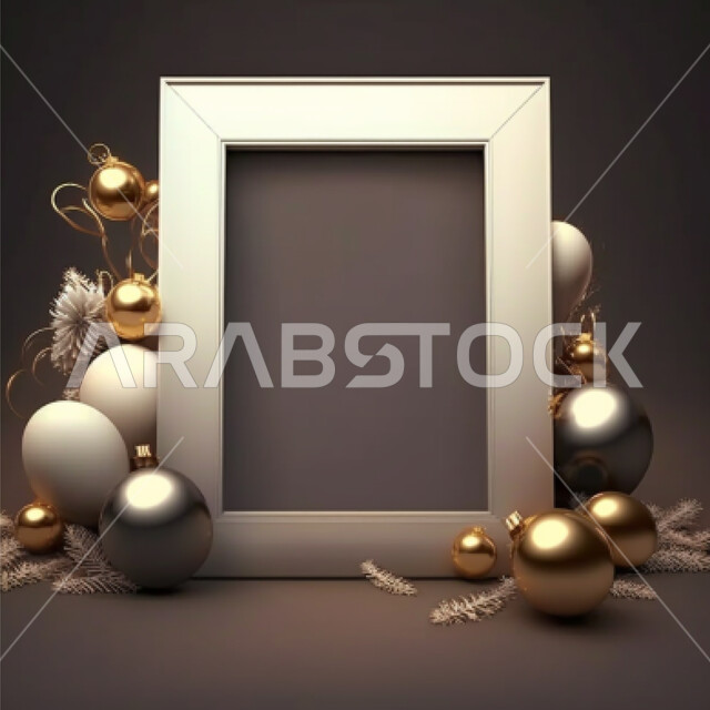 برواز فارغ ثلاثي الابعاد بخلفية رمادية، تصميمات وديكورات، كور ملونه، اطار ذهبي مستطيل، قالب تصميم، برواز فارغ