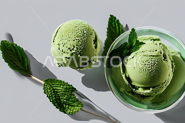 صوره مقربه لطبق من ايس كريم الفستق الحلبي، آيس كريم بنكهة النعناع, حلوى البوظه باللون الأخضر، حلويات صيفيه باردة