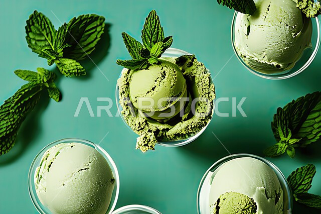 صوره مقربه لطبق من ايس كريم الفستق الحلبي، آيس كريم بنكهة النعناع, حلوى البوظه باللون الأخضر، حلويات صيفيه باردة