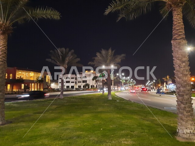 حركة سير السيارات على طريق كورنيش جدة , الواجهة البحرية في مدينة جدة بالمملكة العربية السعودية ، المعالم السياحية في الليل بمدينة جدة  . 