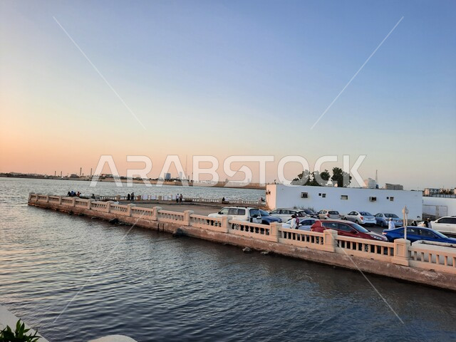 Aesthetic image of the Red Sea beach in Jeddah, Saudi Arabia at sunset, nature background, recreational tourist places, calm and beauty of the sea, Jeddah Corniche at sunset, sunset on the beach of Jeddah