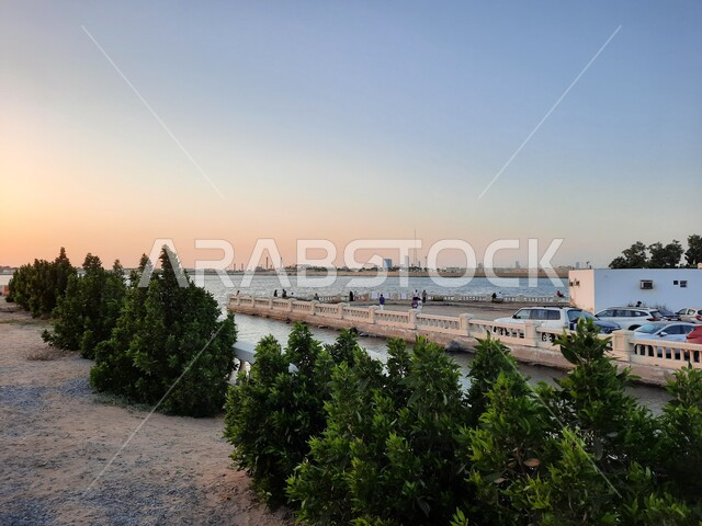 Aesthetic image of the Red Sea beach in Jeddah, Saudi Arabia at sunset, nature background, recreational tourist places, calm and beauty of the sea, Jeddah Corniche at sunset, sunset on the beach of Jeddah