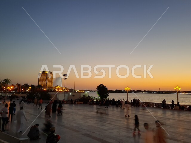 Aesthetic image of the Red Sea beach in Jeddah, Saudi Arabia at sunset, nature background, recreational tourist places, calm and beauty of the sea, Jeddah Corniche at sunset, sunset on the beach of Jeddah