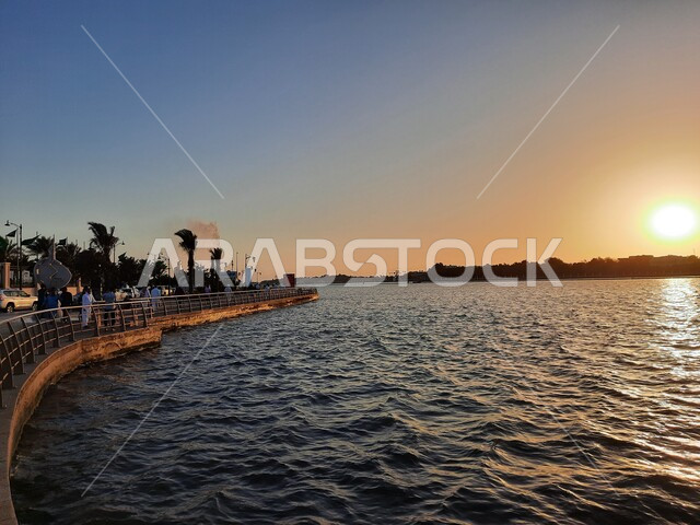 Aesthetic image of the Red Sea beach in Jeddah, Saudi Arabia at sunset, nature background, recreational tourist places, calm and beauty of the sea, Jeddah Corniche at sunset, sunset on the beach of Jeddah