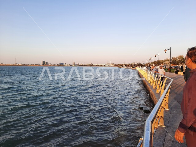 Aesthetic image of the Red Sea beach in Jeddah, Saudi Arabia at sunset, nature background, recreational tourist places, calm and beauty of the sea, Jeddah Corniche at sunset, sunset on the beach of Jeddah