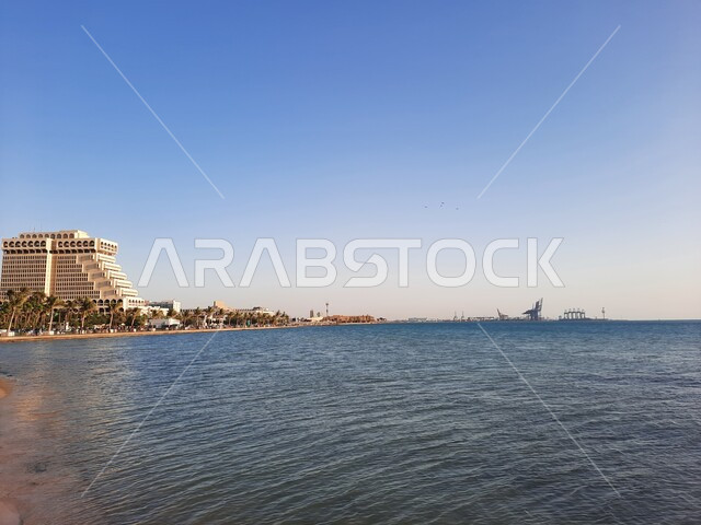 An aesthetic picture of the Red Sea beach in the city of Jeddah, Saudi Arabia, at sunset, nature background, recreational tourist places, the calm and beauty of the sea, Jeddah Corniche during the day on the Jeddah seashore.