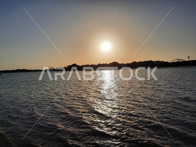 Aesthetic image of the Red Sea beach in Jeddah, Saudi Arabia at sunset, nature background, recreational tourist places, calm and beauty of the sea, Jeddah Corniche at sunset, sunset on the beach of Jeddah