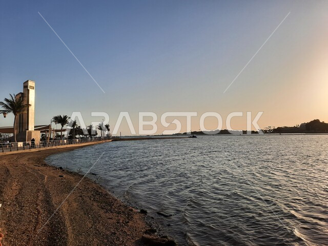 Aesthetic image of the Red Sea beach in Jeddah, Saudi Arabia at sunset, nature background, recreational tourist places, calm and beauty of the sea, Jeddah Corniche at sunset, sunset on the beach of Jeddah