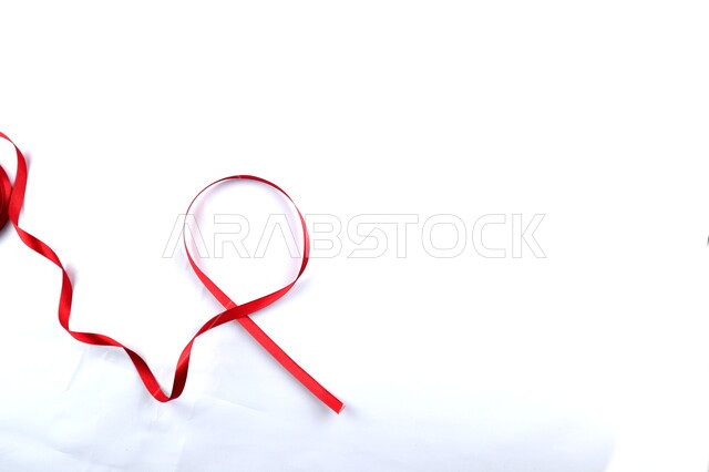 Red ribbon on a white background, HIV awareness, World AIDS Awareness Day, white background.
