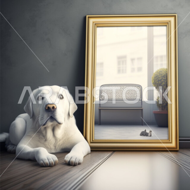 Rectangular golden mirror frame, white dog, designs and decorations