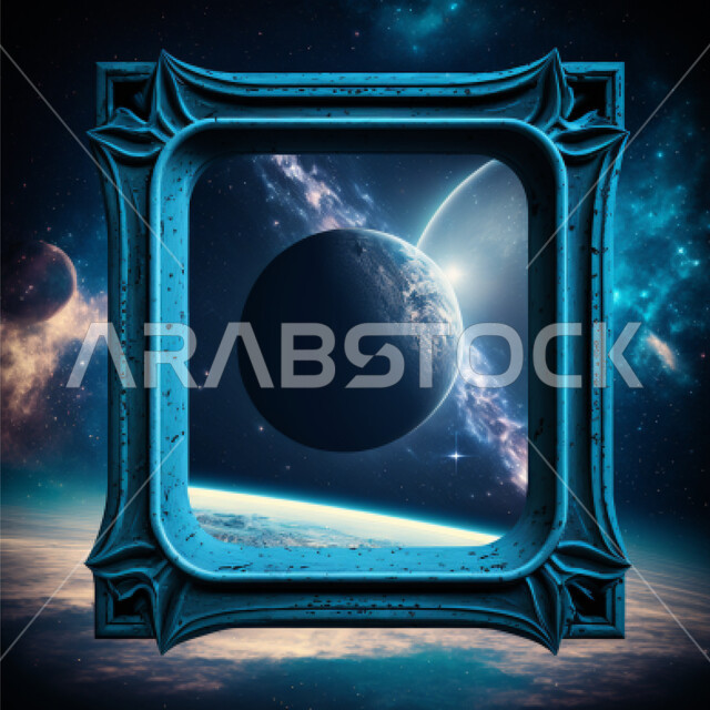 برواز باللون الازرق مع خلفية الفضاء الخارجي، الكرة الارضية، نجوم وكواكب, تصاميم وديكورات ، قالب تصميم، إطار فارغ