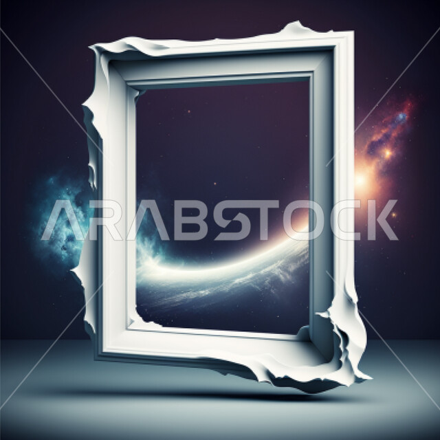 White frame with outer space background, sky stars, designs and decorations, design template, blank frame