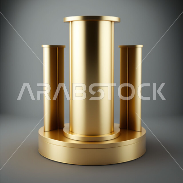 مجسم أسطواني ذهبي ثلاثي الابعاد, منصة عرض, منصه اعلانيه, عرض المنتجات, خلفيه رماديه