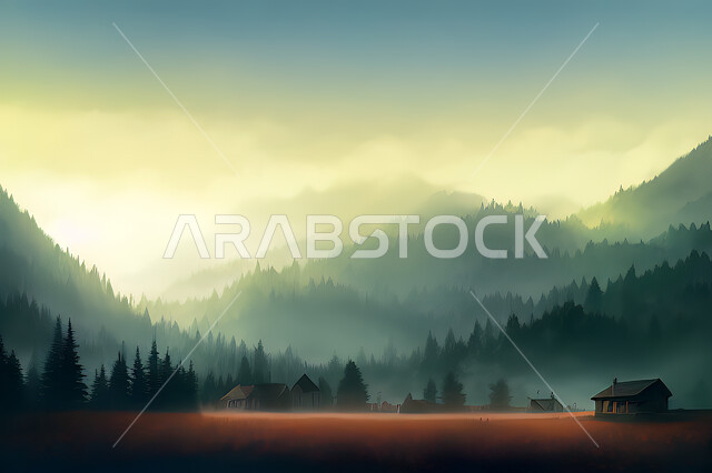 خلفية طبيعة بطابع الألوان المائية, الأشجار والنباتات, جبال ومرتفعات ، سماء, الطبيعه, خلفية الطبيعه