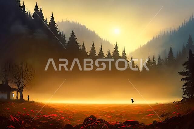 خلفية طبيعة بطابع الألوان المائية, الأشجار والنباتات, جبال ومرتفعات ، سماء, الطبيعه, خلفية الطبيعه