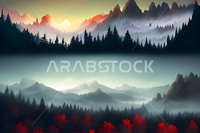 خلفية طبيعة بطابع الألوان المائية, الأشجار والنباتات,، سماء, الطبيعه, خلفية الطبيعه