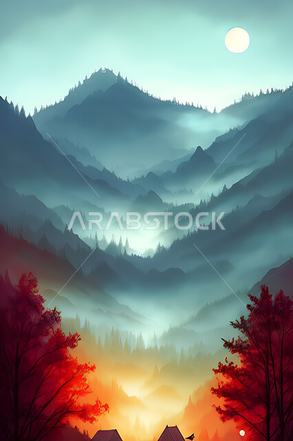 خلفية طبيعة بطابع الألوان المائية ، للغابات وسط الجبال, الأشجار والنباتات, غروب وشروق الشمس, مناظر طبيعيه, خلفية الطبيعه