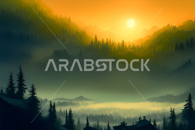 خلفية طبيعة بطابع الألوان المائية ، للغابات وسط الجبال, الأشجار والنباتات, غروب وشروق الشمس, مناظر طبيعيه, خلفية الطبيعه