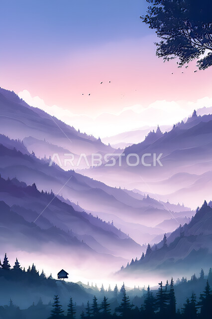 خلفية طبيعة بطابع الألوان المائية, الأشجار والنباتات,، سماء, الطبيعه, خلفية الطبيعه