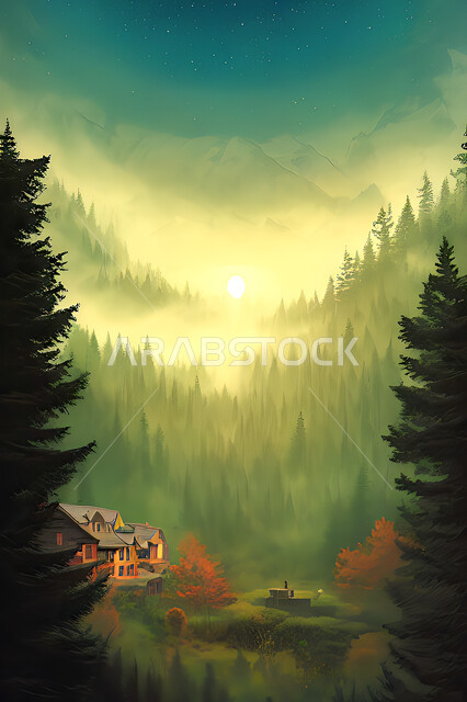 Watercolor nature background, trees and plants, sunset and sunrise, landscapes, nature background