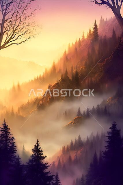 خلفية طبيعة بطابع الألوان المائية, الأشجار والنباتات, غروب وشروق الشمس, مناظر طبيعيه, خلفية الطبيعه