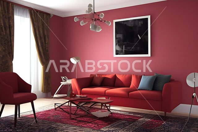 غرفة معيشة بتصاميم عصرية حديثه، ديكورات داخليه، غرفة جلوس, أثاث منزلي راقي، تصاميم عصرية فاخرة، شقق وفلل سكنية, فنادق ومنتجعات فاخره ، ديكور داخلي باللون الأحمر