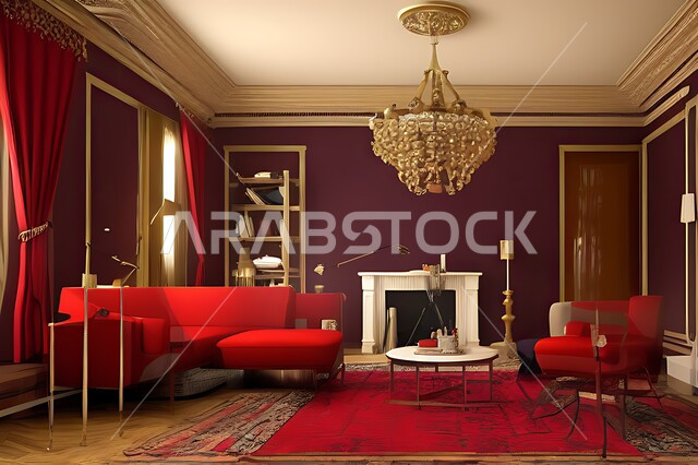 غرفة معيشة بتصاميم عصرية حديثه، ديكورات داخليه، غرفة جلوس, أثاث منزلي راقي، تصاميم عصرية فاخرة، شقق وفلل سكنية, فنادق ومنتجعات فاخره ، ديكور داخلي باللون الأحمر
