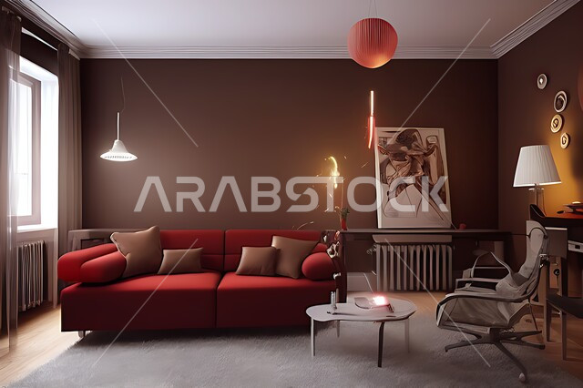 غرفة معيشة بتصاميم عصرية حديثه، ديكورات داخليه، غرفة جلوس, أثاث منزلي راقي، تصاميم عصرية فاخرة، شقق وفلل سكنية, فنادق ومنتجعات فاخره ، ديكور داخلي باللون الأحمر