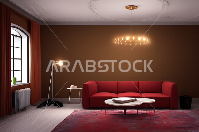 غرفة معيشة بتصاميم عصرية حديثه، ديكورات داخليه، غرفة جلوس, أثاث منزلي راقي، تصاميم عصرية فاخرة، شقق وفلل سكنية, فنادق ومنتجعات فاخره ، ديكور داخلي باللون الأحمر