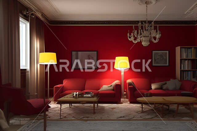 غرفة معيشة بتصاميم عصرية حديثه، ديكورات داخليه، غرفة جلوس, أثاث منزلي راقي، تصاميم عصرية فاخرة، شقق وفلل سكنية, فنادق ومنتجعات فاخره ، ديكور داخلي باللون الأحمر