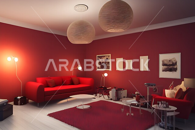 غرفة معيشة بتصاميم عصرية حديثه، ديكورات داخليه، غرفة جلوس, أثاث منزلي راقي، تصاميم عصرية فاخرة، شقق وفلل سكنية, فنادق ومنتجعات فاخره ، ديكور داخلي باللون الأحمر