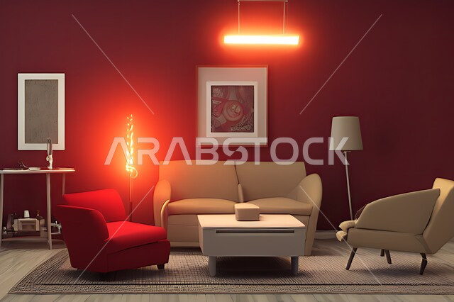 غرفة معيشة بتصاميم عصرية حديثه، ديكورات داخليه، غرفة جلوس, أثاث منزلي راقي، تصاميم عصرية فاخرة، شقق وفلل سكنية, فنادق ومنتجعات فاخره ، ديكور داخلي باللون الأحمر