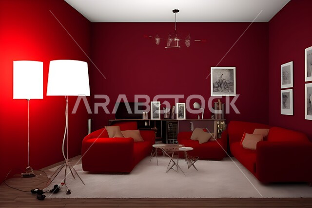 غرفة معيشة بتصاميم عصرية حديثه، ديكورات داخليه، غرفة جلوس, أثاث منزلي راقي، تصاميم عصرية فاخرة، شقق وفلل سكنية, فنادق ومنتجعات فاخره ، ديكور داخلي باللون الأحمر