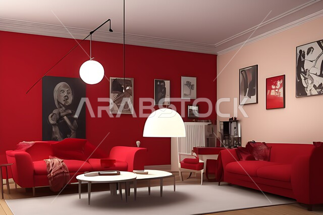 غرفة معيشة بتصاميم عصرية حديثه، ديكورات داخليه، غرفة جلوس, أثاث منزلي راقي، تصاميم عصرية فاخرة، شقق وفلل سكنية, فنادق ومنتجعات فاخره ، ديكور داخلي باللون الأحمر