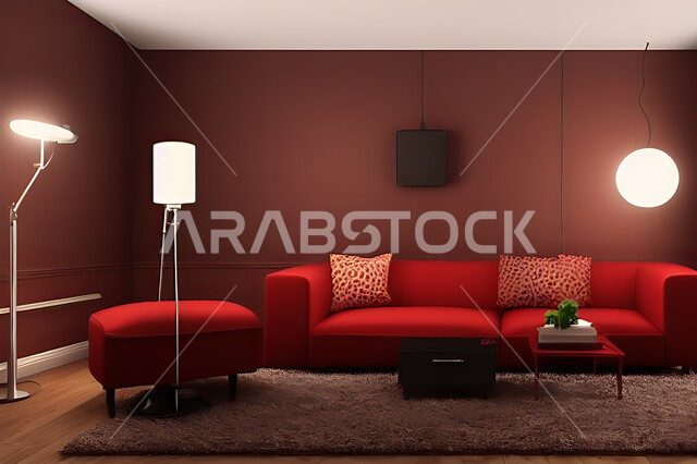 غرفة معيشة بتصاميم عصرية حديثه، ديكورات داخليه، غرفة جلوس, أثاث منزلي راقي، تصاميم عصرية فاخرة، شقق وفلل سكنية, فنادق ومنتجعات فاخره ، ديكور داخلي باللون الأحمر