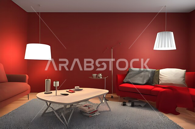 غرفة معيشة بتصاميم عصرية حديثه، ديكورات داخليه، غرفة جلوس, أثاث منزلي راقي، تصاميم عصرية فاخرة، شقق وفلل سكنية, فنادق ومنتجعات فاخره ، ديكور داخلي باللون الأحمر