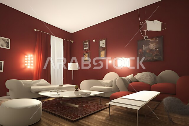 غرفة معيشة بتصاميم عصرية حديثه، ديكورات داخليه، غرفة جلوس, أثاث منزلي راقي، تصاميم عصرية فاخرة، شقق وفلل سكنية, فنادق ومنتجعات فاخره ، ديكور داخلي باللون الأحمر