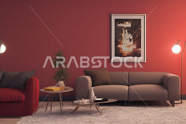 غرفة معيشة بتصاميم عصرية حديثه، ديكورات داخليه، غرفة جلوس, أثاث منزلي راقي، تصاميم عصرية فاخرة، شقق وفلل سكنية, فنادق ومنتجعات فاخره ، ديكور داخلي باللون الأحمر