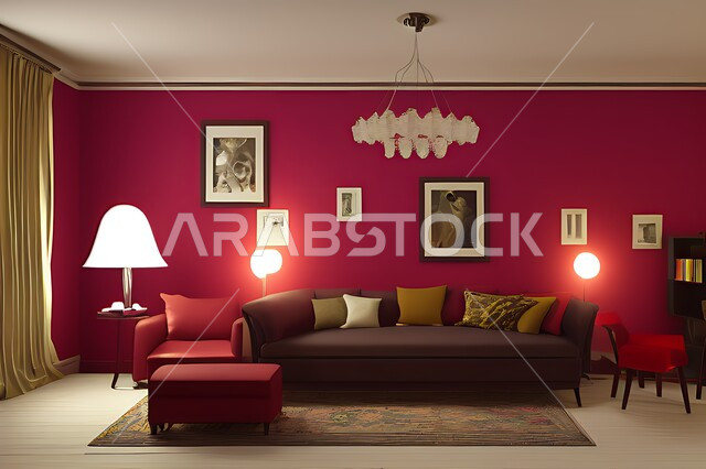 غرفة معيشة بتصاميم عصرية حديثه، ديكورات داخليه، غرفة جلوس, أثاث منزلي راقي، تصاميم عصرية فاخرة، شقق وفلل سكنية, فنادق ومنتجعات فاخره ، ديكور داخلي باللون الأحمر