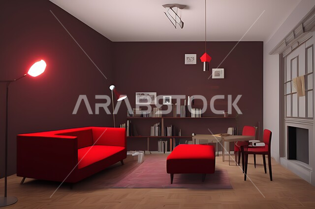 غرفة معيشة بتصاميم عصرية حديثه، ديكورات داخليه، غرفة جلوس, أثاث منزلي راقي، تصاميم عصرية فاخرة، شقق وفلل سكنية, فنادق ومنتجعات فاخره ، ديكور داخلي باللون الأحمر