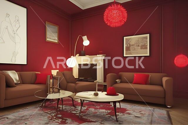 غرفة معيشة بتصاميم عصرية حديثه، ديكورات داخليه، غرفة جلوس, أثاث منزلي راقي، تصاميم عصرية فاخرة، شقق وفلل سكنية, فنادق ومنتجعات فاخره ، ديكور داخلي باللون الأحمر