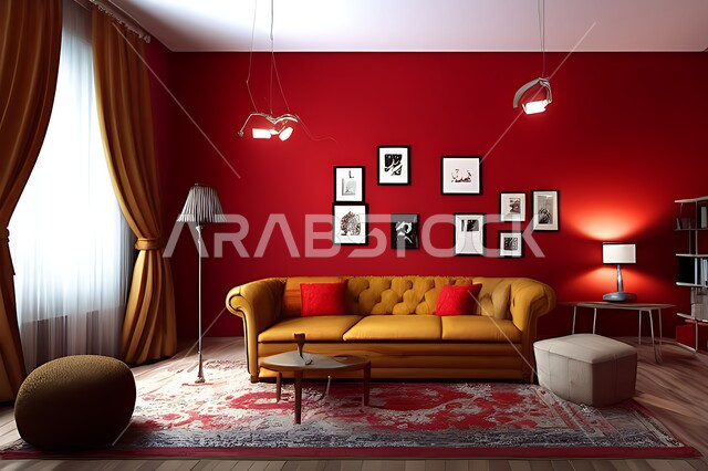 غرفة معيشة بتصاميم عصرية حديثه، ديكورات داخليه، غرفة جلوس, أثاث منزلي راقي، تصاميم عصرية فاخرة، شقق وفلل سكنية, فنادق ومنتجعات فاخره ، ديكور داخلي باللون الأحمر
