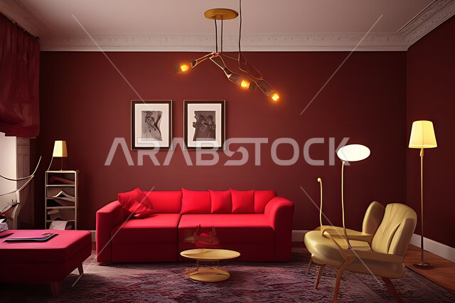 غرفة معيشة بتصاميم عصرية حديثه، ديكورات داخليه، غرفة جلوس, أثاث منزلي راقي، تصاميم عصرية فاخرة، شقق وفلل سكنية, فنادق ومنتجعات فاخره ، ديكور داخلي باللون الأحمر