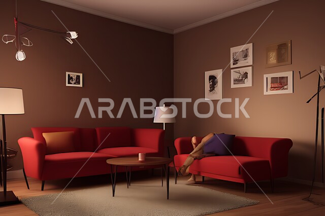 غرفة معيشة بتصاميم عصرية حديثه، ديكورات داخليه، غرفة جلوس, أثاث منزلي راقي، تصاميم عصرية فاخرة، شقق وفلل سكنية, فنادق ومنتجعات فاخره ، ديكور داخلي باللون الأحمر