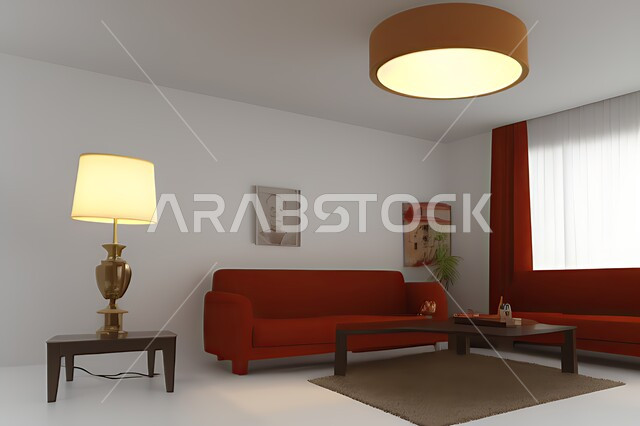 غرفة معيشة بتصاميم عصرية حديثه، ديكورات داخليه، غرفة جلوس, أثاث منزلي راقي، تصاميم عصرية فاخرة، شقق وفلل سكنية, فنادق ومنتجعات فاخره ، ديكور داخلي باللون الأحمر