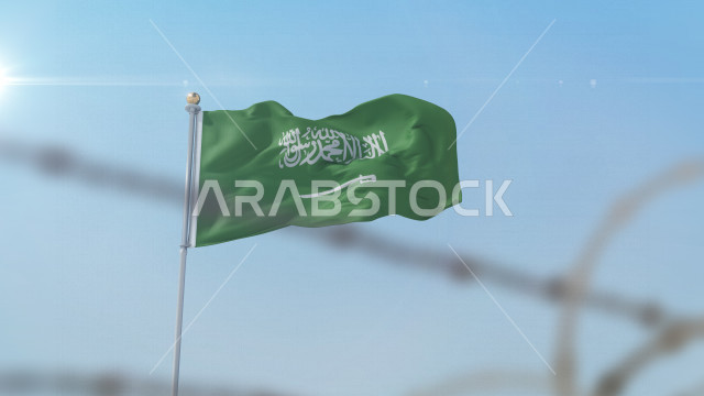 العلم الوطني السعودي يرفرف عاليا وقت النهار في سماء المملكة ، الإحتفال باليوم الوطني السعودي ، العيد الوطني للمملكة ، راية التوحيد و الإسلام ، المملكة العربية السعودية