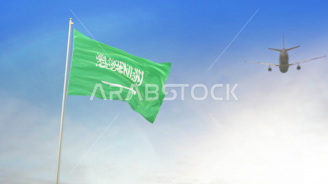 العلم الوطني السعودي يرفرف عاليا مع طائرة تحلق في سماء السعودية وقت النهار ، الإحتفال باليوم الوطني السعودي ، العيد الوطني للمملكة ، راية التوحيد و الإسلام ، المملكة العربية السعودية