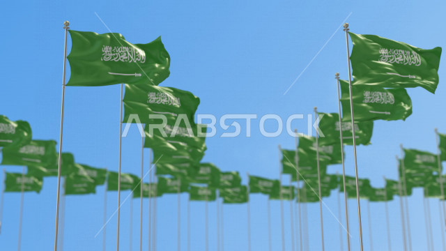 مجموعة  من أعلام السعودية في صفوف ترفرف في سماء المملكة وقت النهار ، العلم الوطني السعودي يرفرف عاليا ، الإحتفال باليوم الوطني السعودي ، العيد الوطني للمملكة ، راية التوحيد و الإسلام ، المملكة العربية السعودية